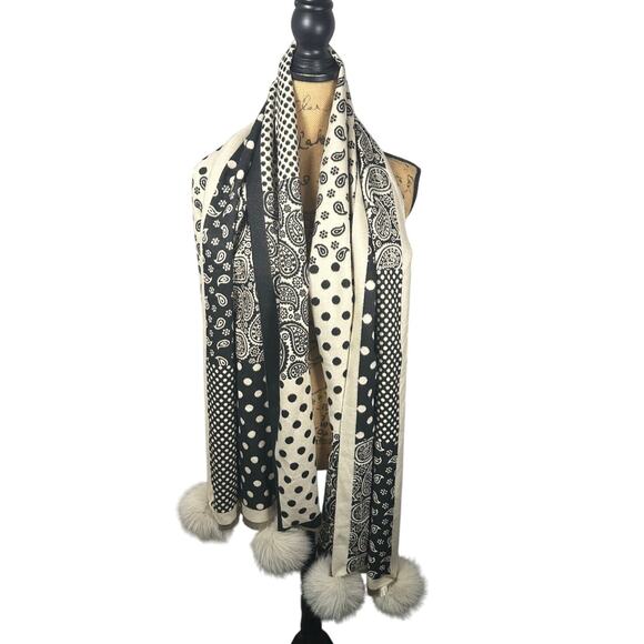 Cream & Black Polka Dot Paisley Wrap Scarf Women's OS - Picture 1 of 5